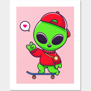 Cool Alien Playing Skateboard Cartoon Posters and Art